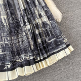 V-neck Long sleeved Ink Painting Stitching Pleated Long Skirt