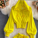 Long-sleeved Hooded Sweater Jacket and High Waist Casual Shorts set