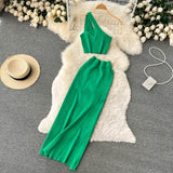 Sexy Knitted Suit One Shoulder Sling Women's High Waist slim Skirt (set)