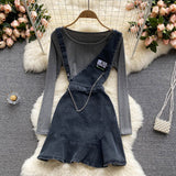 Women's Denim Suspender Skirt + Thin Round Neck T-shirt