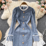 Retro Chic  Sexy Long-sleeve Denim Round-neck Dress