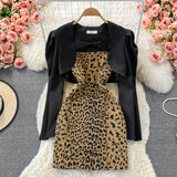 Fashion Crop Blazer -Two-piece Leopard Print Dress