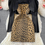 Fashion Crop Blazer -Two-piece Leopard Print Dress