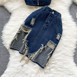 Denim Suits - Halter Neck Hollow Top + Skirt set