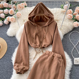 Women's Waist Tie Hooded Short Sweater High Waist Slit Skirt Two piece (set)