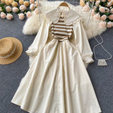 Chic High Waist Thin Striped Midi Length Doll Collar Dress