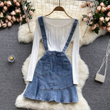 Women's Denim Suspender Skirt + Thin Round Neck T-shirt