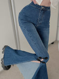 New Design High Waist Straight Micro Flared Long  Pants Slit Jeans