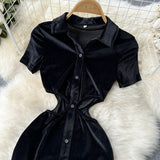 New Pleated Waist Polo Collar Velvet  Short-sleeved Sexy Dress