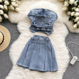 Sexy Two piece Denim set - Tube Top + High Waist Skirt