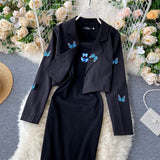 Embroidered Butterfly Suit Women's Jacket and Thin Metal chain Dress (set)