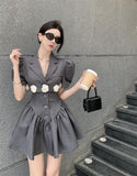 Puff Sleeves Suit Skirt- Slim Pleated Puffy Dress