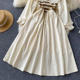 Chic High Waist Thin Striped Midi Length Doll Collar Dress