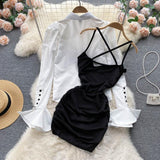 Fashion Versatile Puff Sleeve Shirt Top and Black Sling Dress