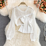 Long Sleeve Knitted Blouse Slanted Shoulder Camisole + Hight Waist Pleated Skirt