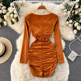 Pure desire Style Hollow Low -cut Sexy Long-sleeved Dress