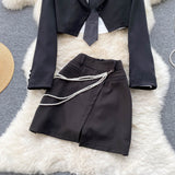 Polo collar Top Long-sleeved Blazer - Slit Skirt  Three piece (set)