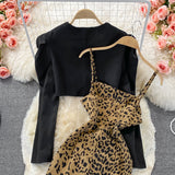 Fashion Crop Blazer -Two-piece Leopard Print Dress