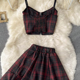 Retro Plaid New V-neck Sling Crop top + High Waist Short Skirt (set)