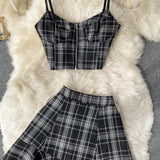 Retro Plaid New V-neck Sling Crop top + High Waist Short Skirt (set)