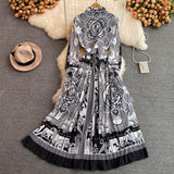 Retro Long-sleeve Printed Lapel Elegant Long Skirt Dress