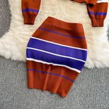 Three piece set Spring V-neck Striped Knitted Cardigan + Tube top + Skirt