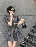 Puff Sleeves Suit Skirt- Slim Pleated Puffy Dress