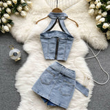 Sexy Street Fashion Denim Suit - Halter Top + Skkirt