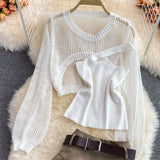 Long Sleeve Knitted Blouse Slanted Shoulder Camisole + Hight Waist Pleated Skirt