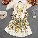 High-end V-neck Floral Printed High Waisted Long Skirt