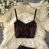 Retro Plaid New V-neck Sling Crop top + High Waist Short Skirt (set)