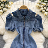 New Women Fashion Puff sleeved Denim Dress