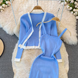 Two Piece Long-sleeved Knitted Top Shawl Cardigan Tight Fitting Dress