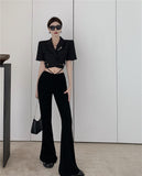 High Quality Short Blazer + High Waisted Drawstring Micro-Flared Pants