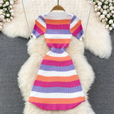 New Polo collar Slim Fit Striped Knitted Dress