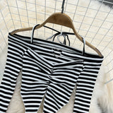 Halter Neckline off-shoulder Slim Striped Long-sleeved Top + High Waist Bag hip Women's skirt (set)