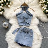 Sexy Street Fashion Denim Suit - Halter Top + Skkirt