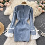 Retro Chic  Sexy Long-sleeve Denim Round-neck Dress