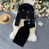 Embroidered Butterfly Suit Women's Jacket and Thin Metal chain Dress (set)