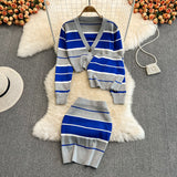 Three piece set Spring V-neck Striped Knitted Cardigan + Tube top + Skirt