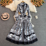 Retro Long-sleeve Printed Lapel Elegant Long Skirt Dress