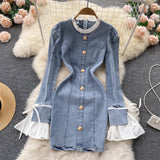 Retro Chic  Sexy Long-sleeve Denim Round-neck Dress