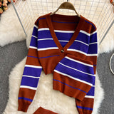 Three piece set Spring V-neck Striped Knitted Cardigan + Tube top + Skirt