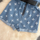 Fashion Sexy Cross Flower Tube Top  Slim Fit Denim Romper Shorts