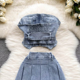 Sexy Two piece Denim set - Tube Top + High Waist Skirt