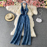 High Waist Loose Straight Wide Leg Sexy Backless Halter Neck Denim Jumpsuit