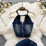 Denim Suits - Halter Neck Hollow Top + Skirt set