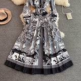 Retro Long-sleeve Printed Lapel Elegant Long Skirt Dress