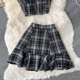 Retro Plaid New V-neck Sling Crop top + High Waist Short Skirt (set)