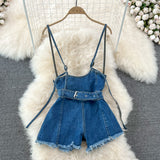 Denim Overalls Women High Waist Suspender Wide Leg Shorts